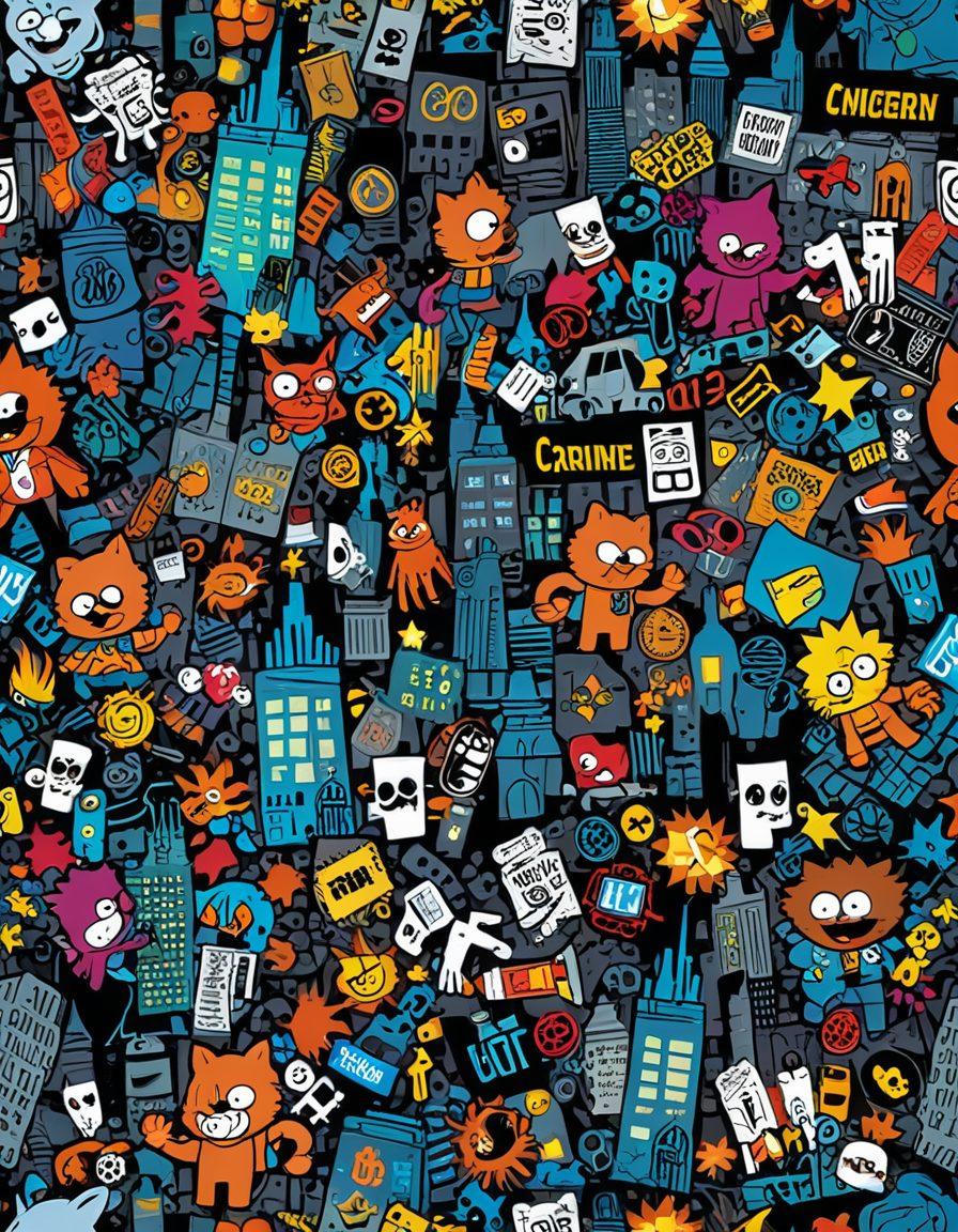 A vibrant collage showcasing iconic adult cartoon characters transitioning into a shadowy cityscape filled with law enforcement symbols and criminal records. The duality of innocence and crime should be emphasized, with playful colors on one side and darker, gritty tones on the other. The background features a distorted urban skyline, blending comic style with realism. super-realistic. vibrant colors. bold contrasts.
