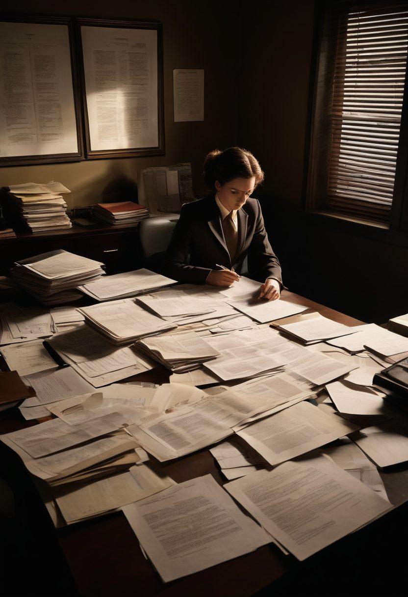 A dramatic and thought-provoking scene depicting a shadowy office environment where legal documents concerning adult entertainment are sprawled across a large desk. In the background, silhouettes of investigators can be faintly seen analyzing images and discussing findings. The atmosphere should convey a sense of tension and intrigue. Include subtle hints of adult themes without being explicit. moody lighting. super-realistic. dark color palette.